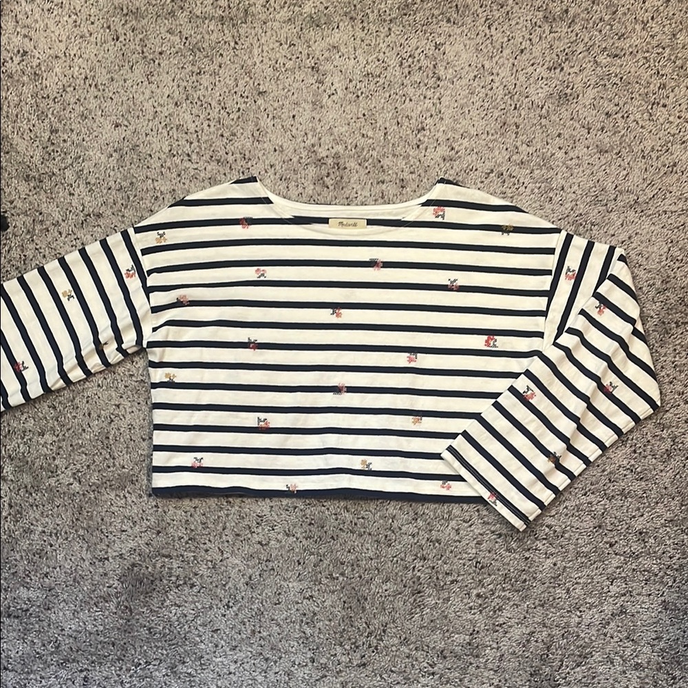 Madewell Cross-Stitch Embroidered Cropped Long-Sleeve Tee in Stripe Size Medium